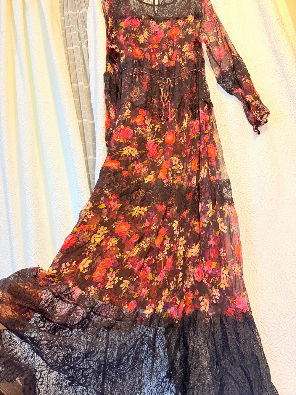 Johnny Was Black Sheer Floral Lace Maxi Dress with Pink & Orange Blooms #elegat - Picture 3 of 6